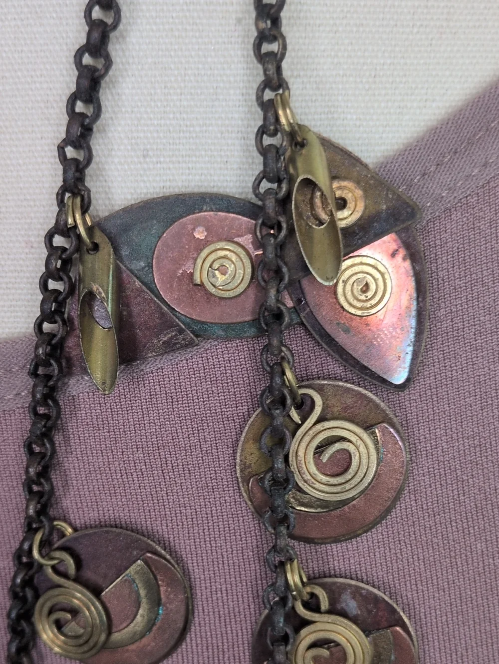 Vintage 80 Brutalist Mixed Metal Layered Statement Necklace Brass Copper - As Is